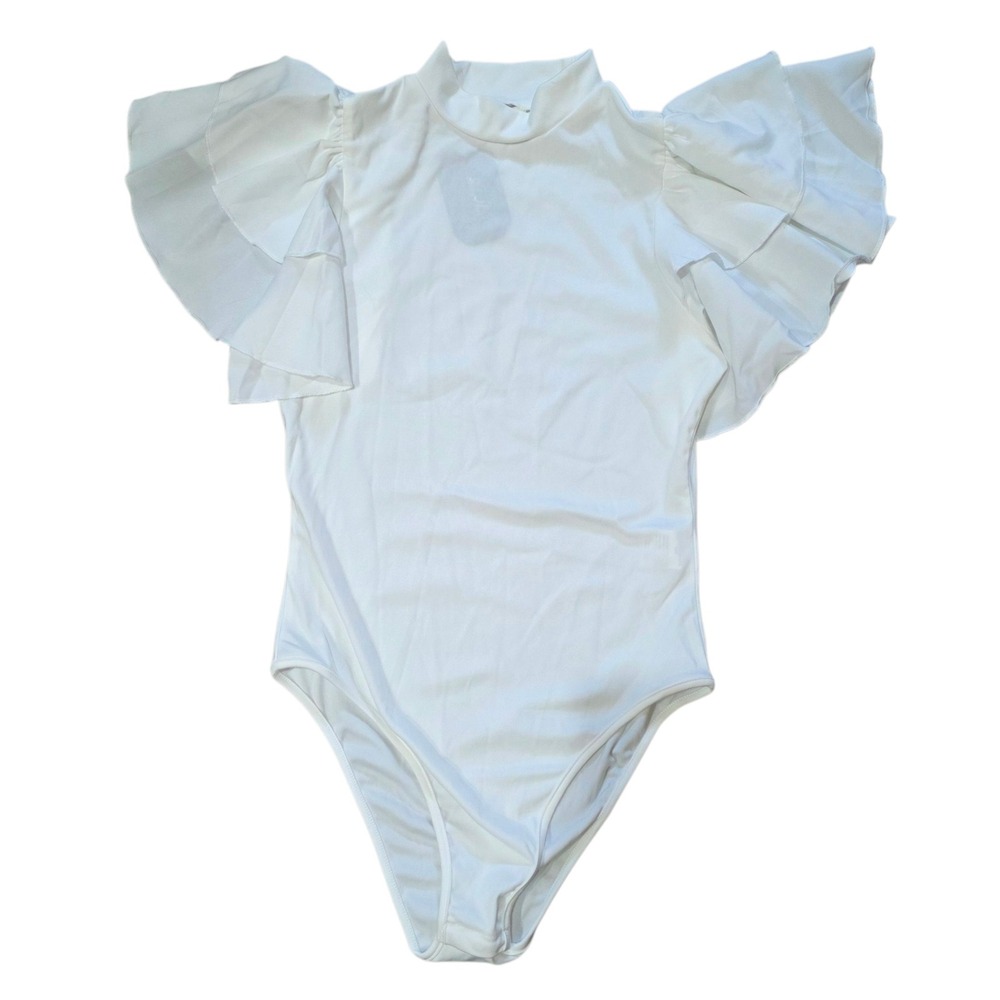 Soly Hux White Ruffle Butterfly Sleeve Mock Neck Bodysuit Size S‎ NWT